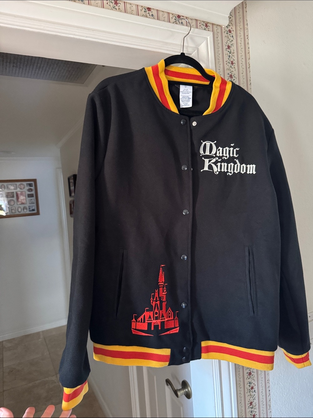 WDW 50th Vault Disney Varsity Black Jacket with Red and Gold Stripe Trim